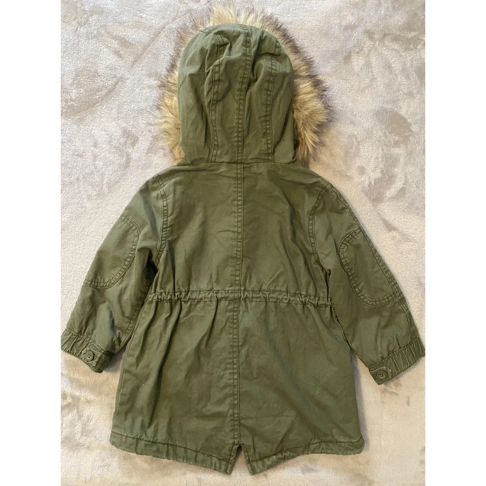 Gap Parka Coat Toddler Girls 2T Green Faux Fur Hood Canvas Lined Zip Pockets‎